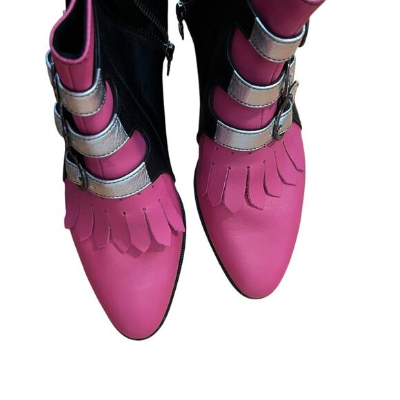 Modern Vice NYC Jett Black Pink Silver Leather Buckle Ankle Boots Size 37 7 - Picture 6 of 9